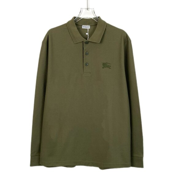 Burberry Olive Long-Sleeve Polo Shirt 100% Cotton Embroidered Logo Size M - Picture 1 of 8